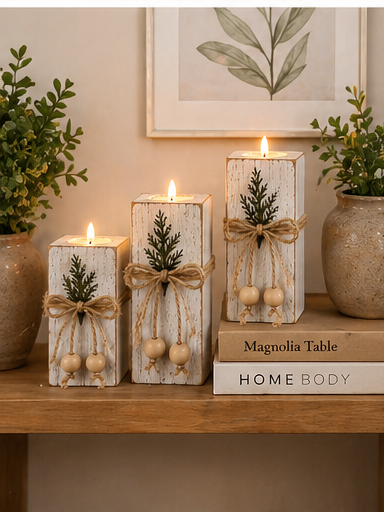 Rustic LED Candle Set – Flameless Candles with Wooden Holders (Set of 3)