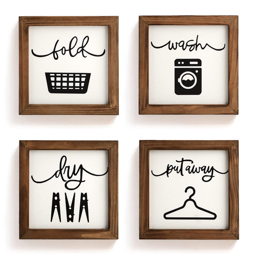 Farmhouse Laundry Room Decor Set of 4 – Wash Dry Fold Put Away Signs – Rustic Wood Wall Art for Laundry Room Shelf or Wall