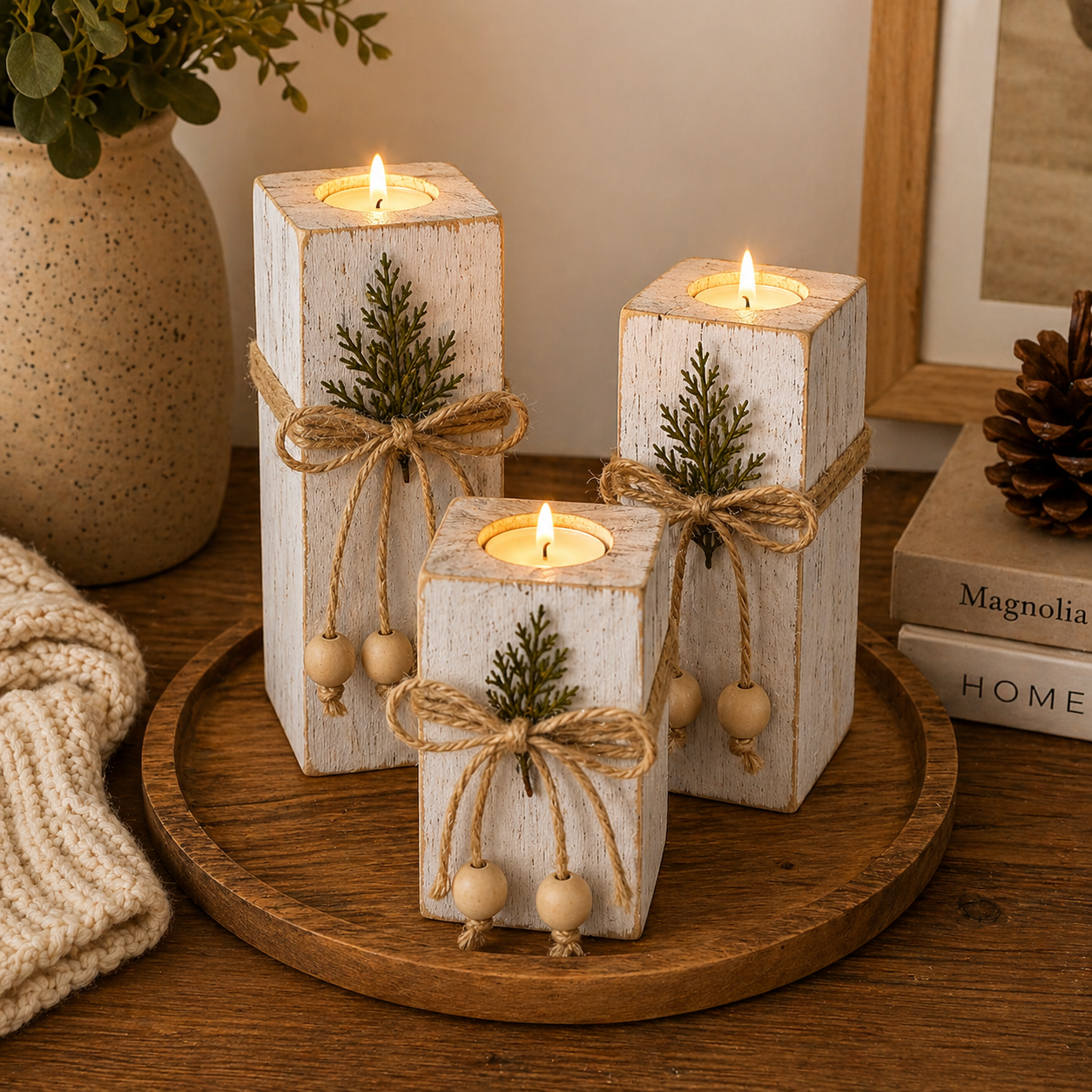 Rustic LED Candle Set – Flameless Candles with Wooden Holders (Set of 3)